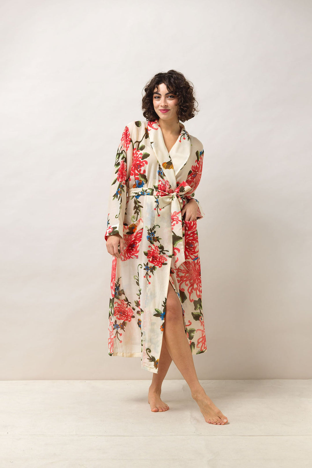 Women's loungewear lightweight gown in ecru with chrysanthemum print by One Hundred Stars