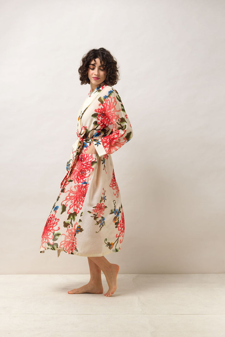 Women's loungewear lightweight gown in ecru with chrysanthemum print by One Hundred Stars