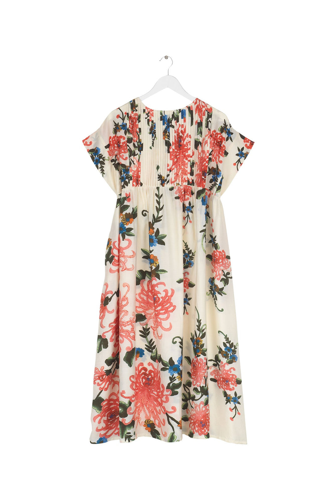 Women's short sleeve pleated dress in ecru with chrysanthemum print by One Hundred Stars