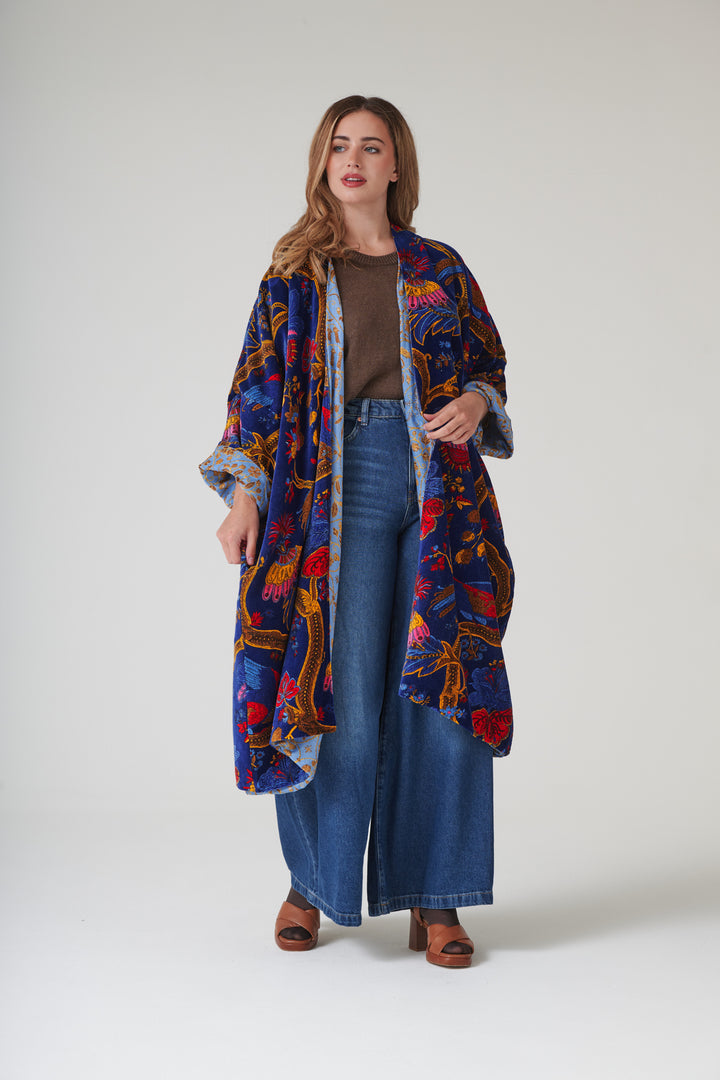Climbing Peacock Royal Blue Velvet Grande Kimono