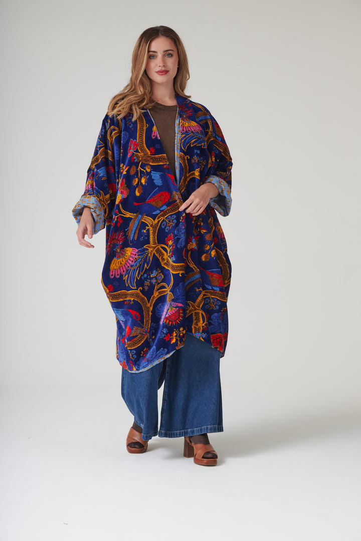 Climbing Peacock Royal Blue Velvet Grande Kimono