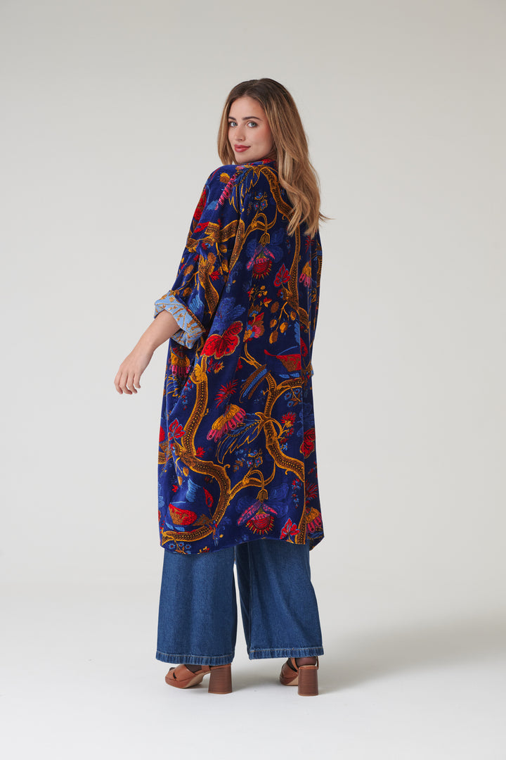 Climbing Peacock Royal Blue Velvet Grande Kimono