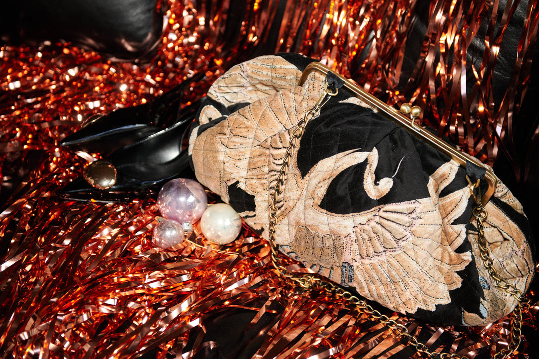 Crane Black Quilted Velvet Kiss Lock Bag