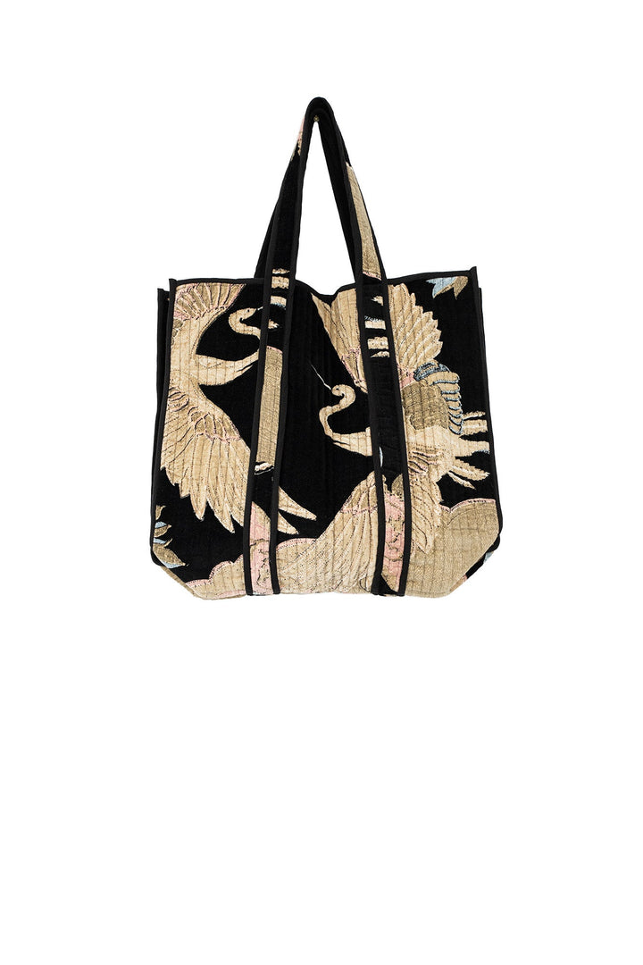Crane Black Large Velvet Tote Bag