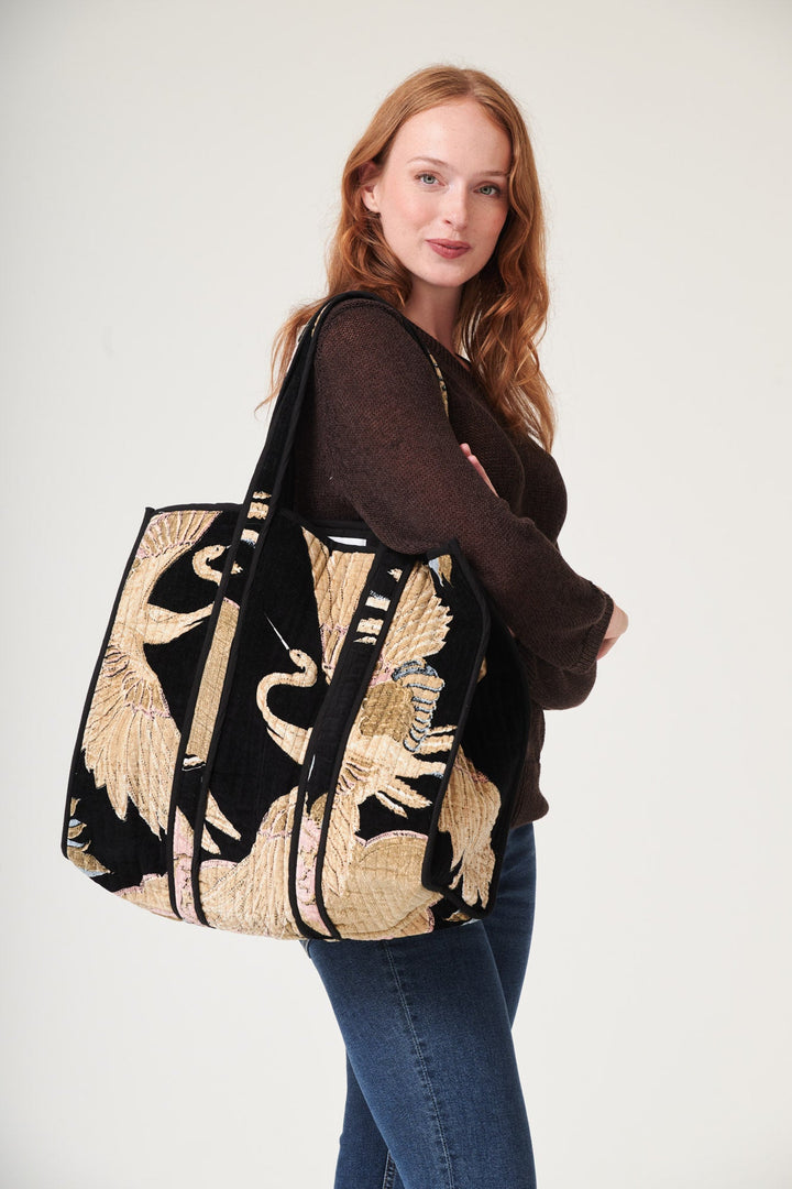 Crane Black Large Velvet Tote Bag