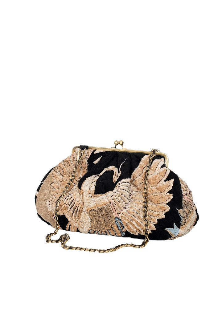 Crane Black Quilted Velvet Kiss Lock Bag