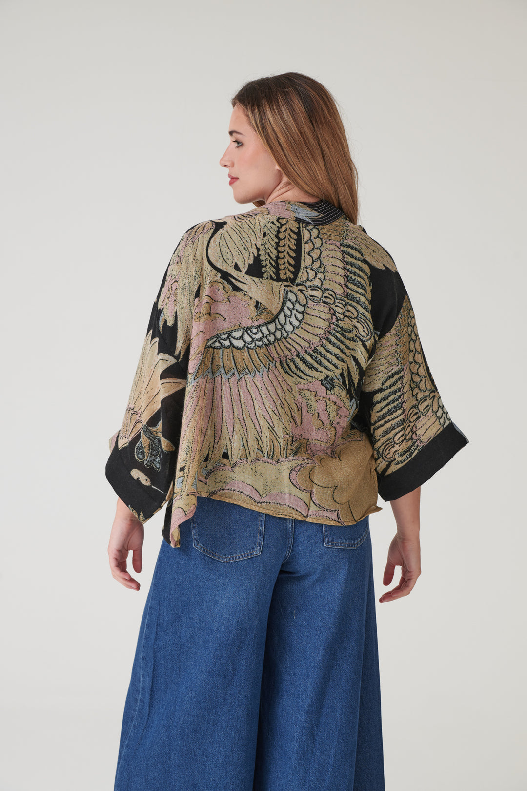 Crane Black Wool Kimono