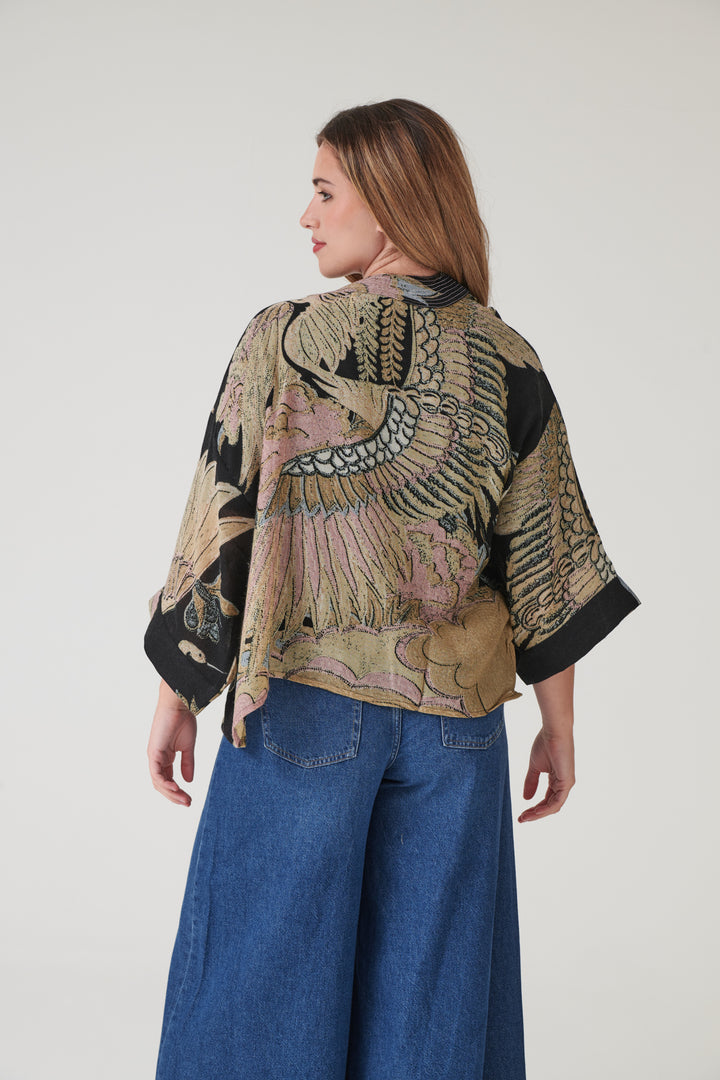 Crane Black Wool Kimono