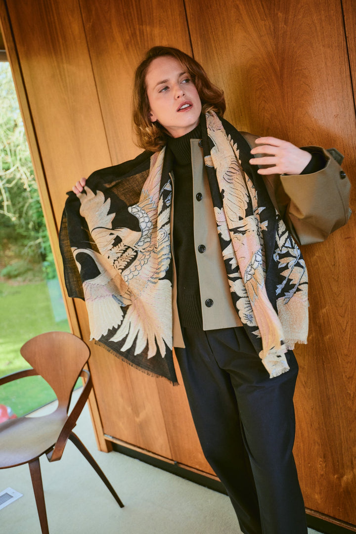 Crane Black Wool Scarf
