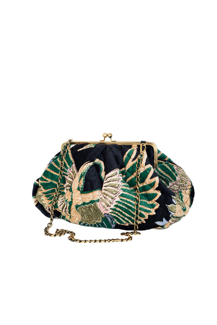 Crane Emerald Quilted Velvet Kiss Lock Bag