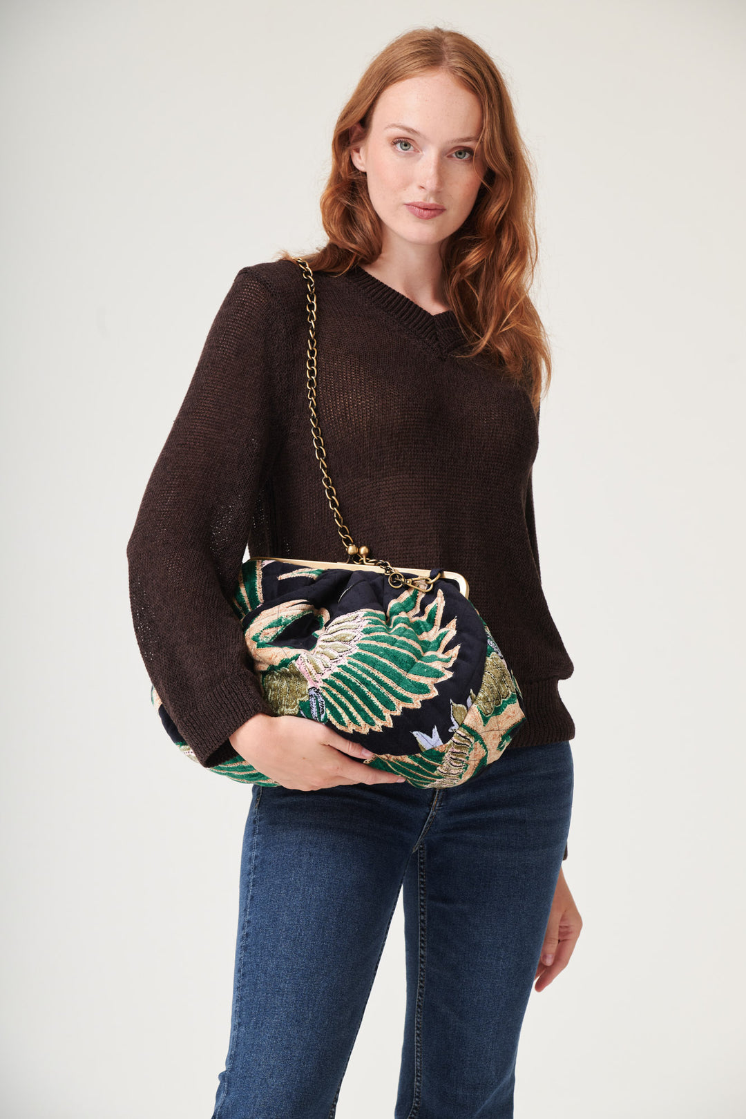 Crane Emerald Quilted Velvet Kiss Lock Bag