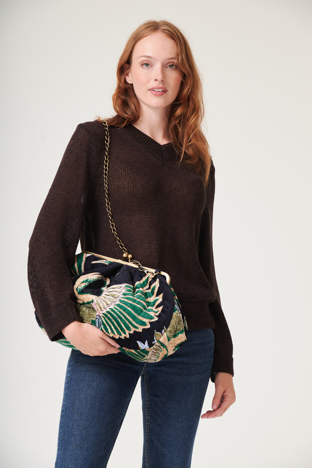Crane Emerald Quilted Velvet Kiss Lock Bag