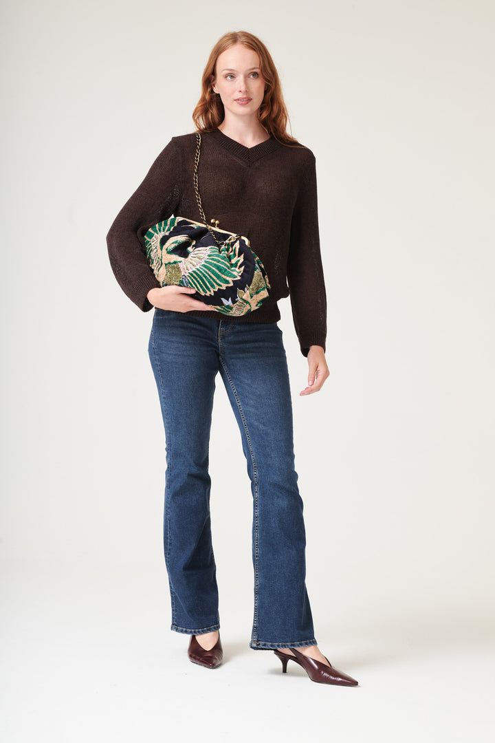Crane Emerald Quilted Velvet Kiss Lock Bag