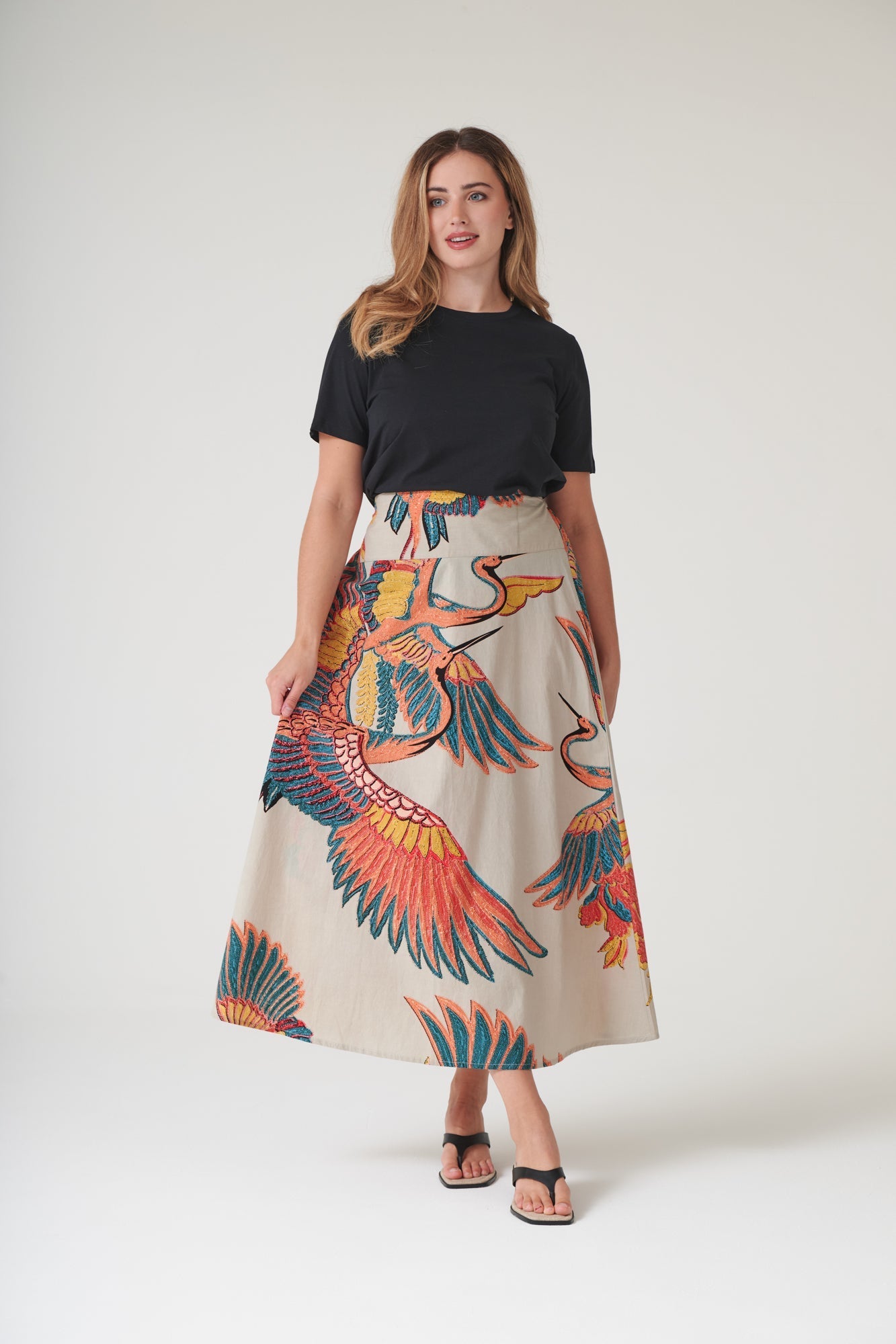 【美品】Crane Pattern Hand Printed Skirt Crane Stone A-line Maxi Skirt – One Hundred Stars USA