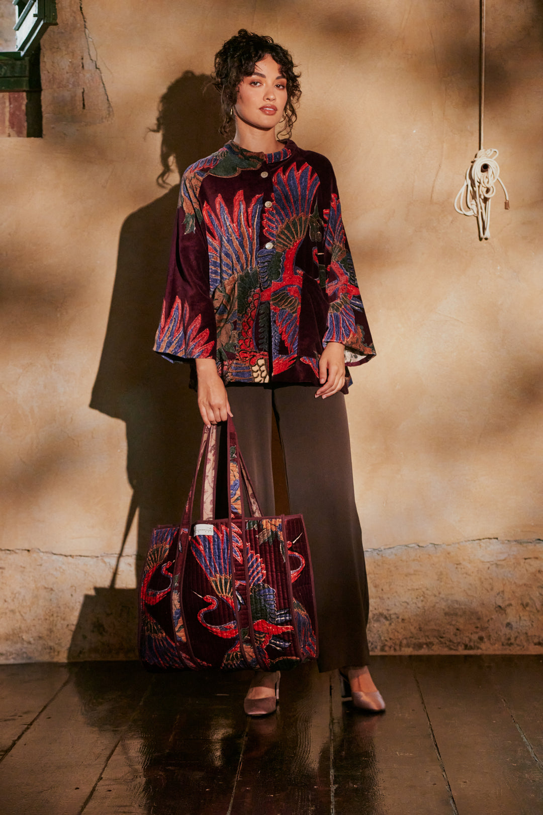 Crane Plum Velvet Tote Bag