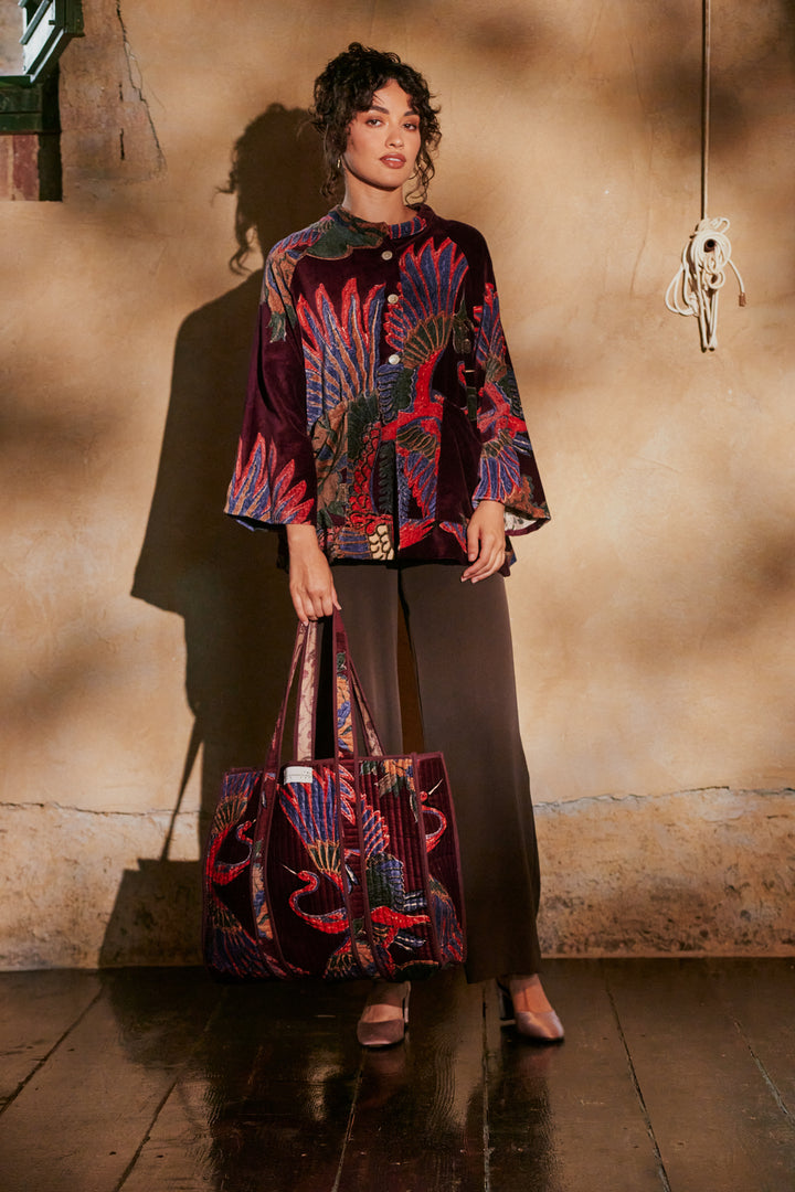 Crane Plum Velvet Tote Bag