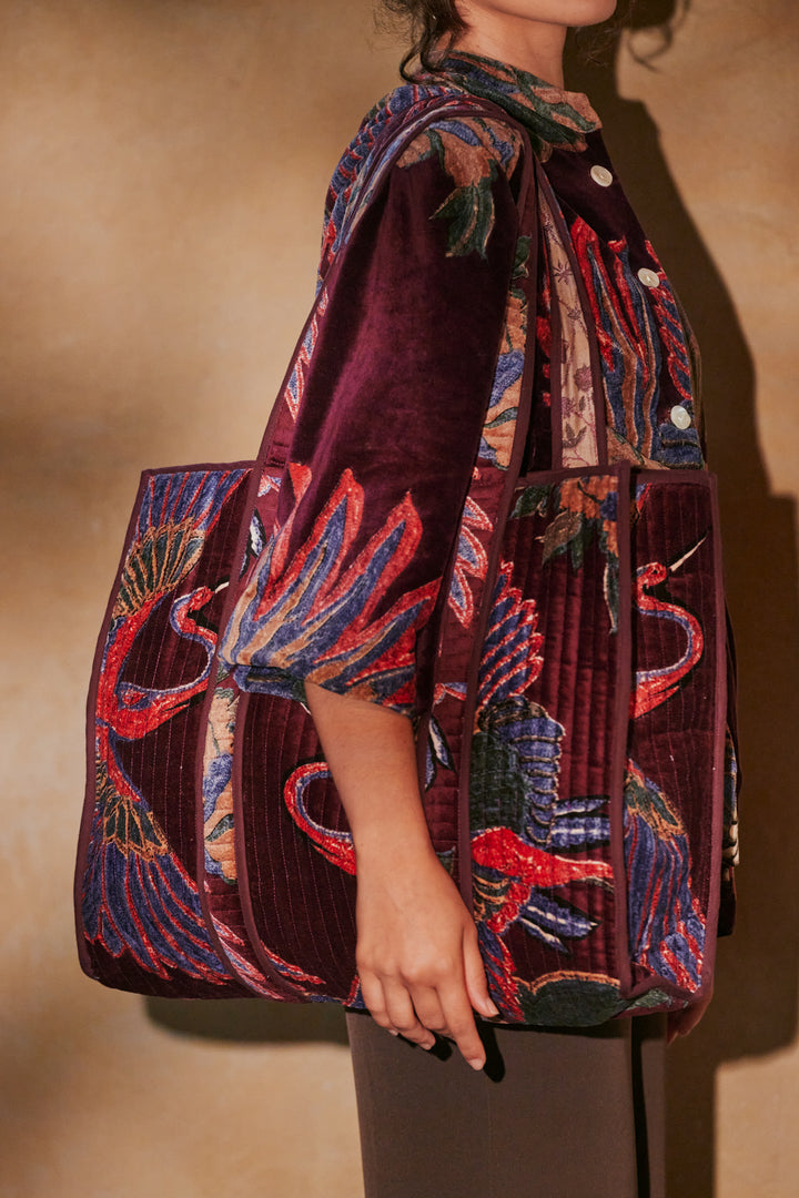 Crane Plum Velvet Tote Bag