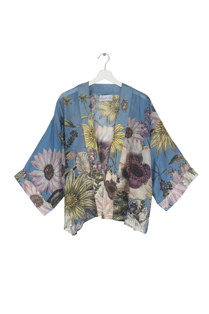 Women's short kimono in cornflower blue with daisy floral print by One Hundred Stars