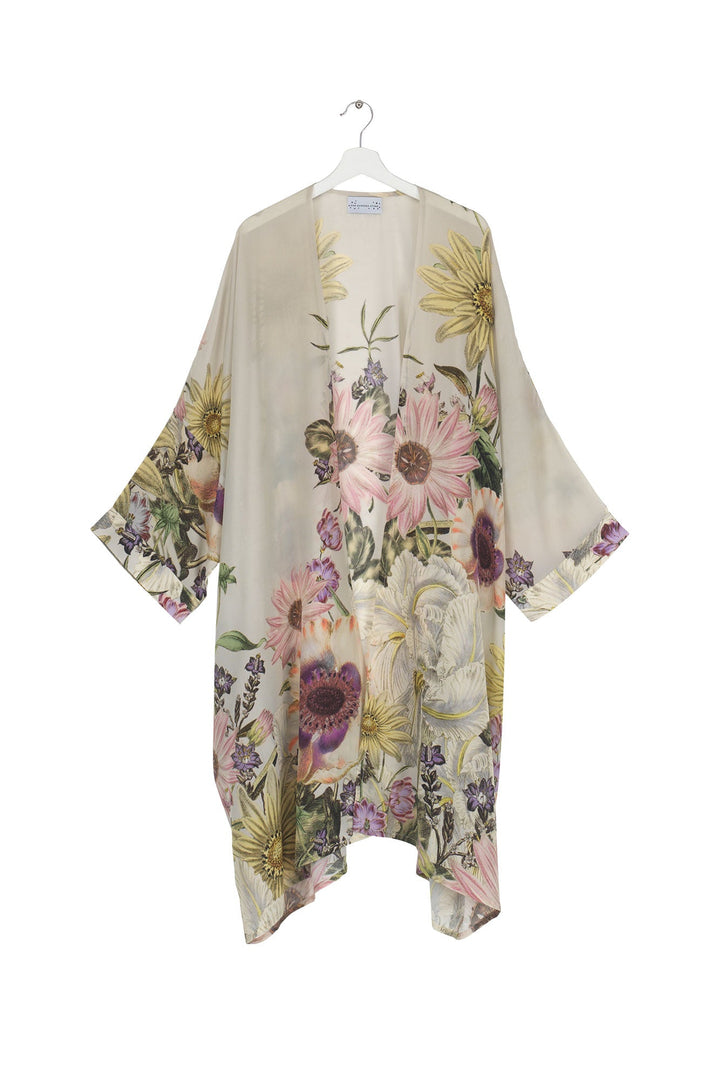 Women's long kimono in stone with floral daisy print by One Hundred Stars