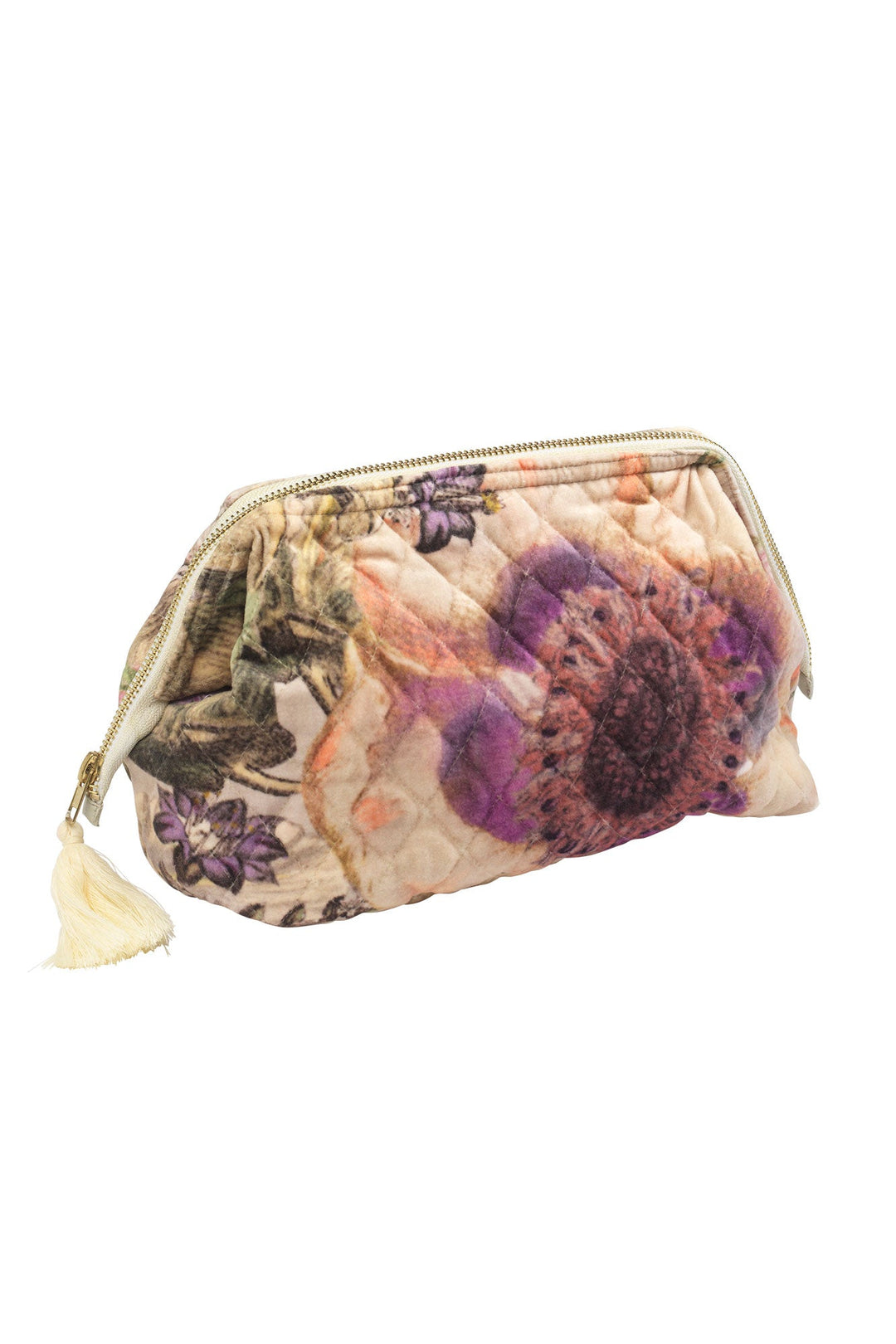 Women's accessories, gifts for her. Velvet make-up clutch bag in stone with daisy floral print by One Hundred Stars
