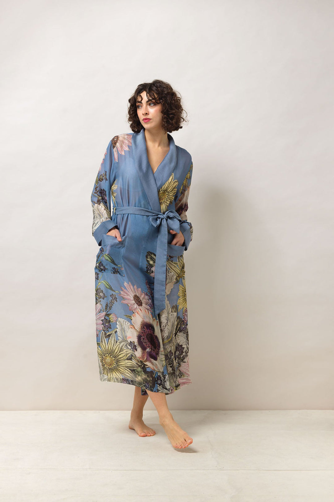 Women's lightweight loungewear gown in cornflower blue with daisy floral print by One Hundred Stars