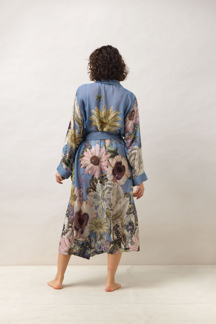 Women's lightweight loungewear gown in cornflower blue with daisy floral print by One Hundred Stars