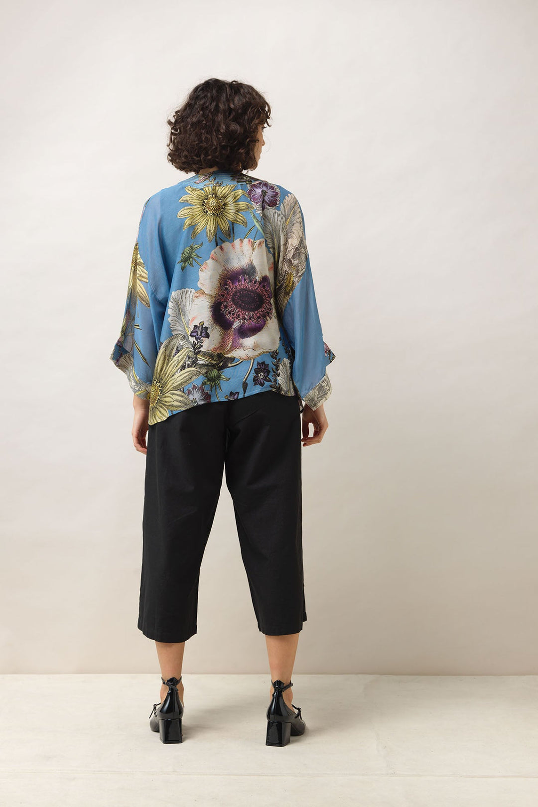Women's short kimono in cornflower blue with daisy floral print by One Hundred Stars