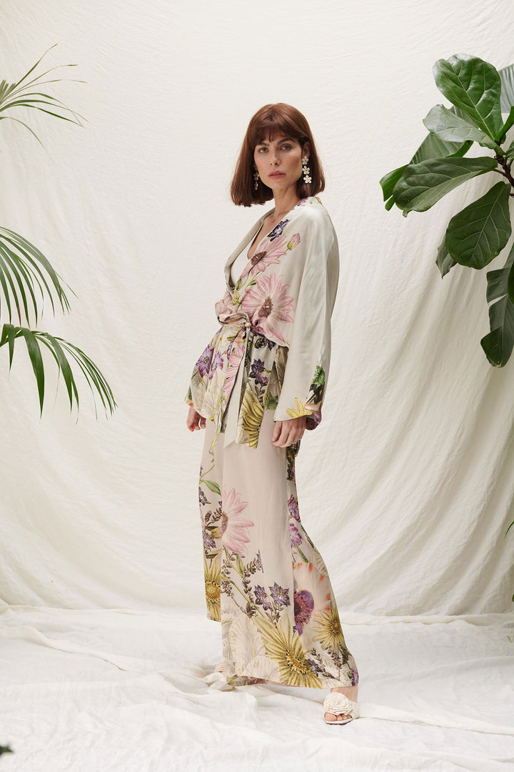 floral kimono style suit with wide leg trousers