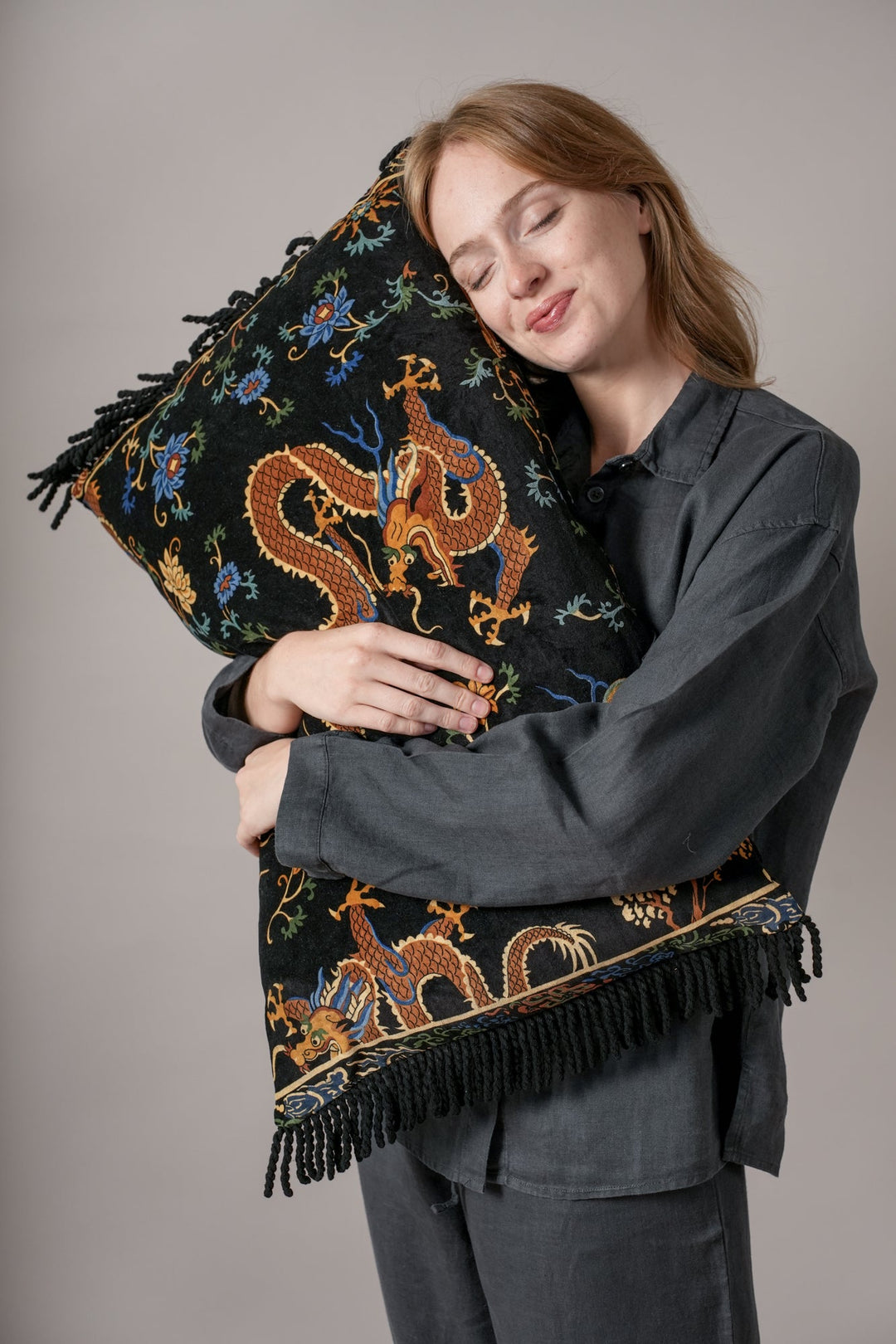 Dragon Black Rectangle Velvet Cushion