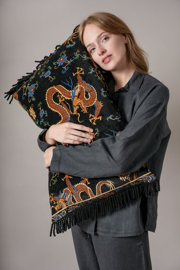 Dragon Black Rectangle Velvet Cushion