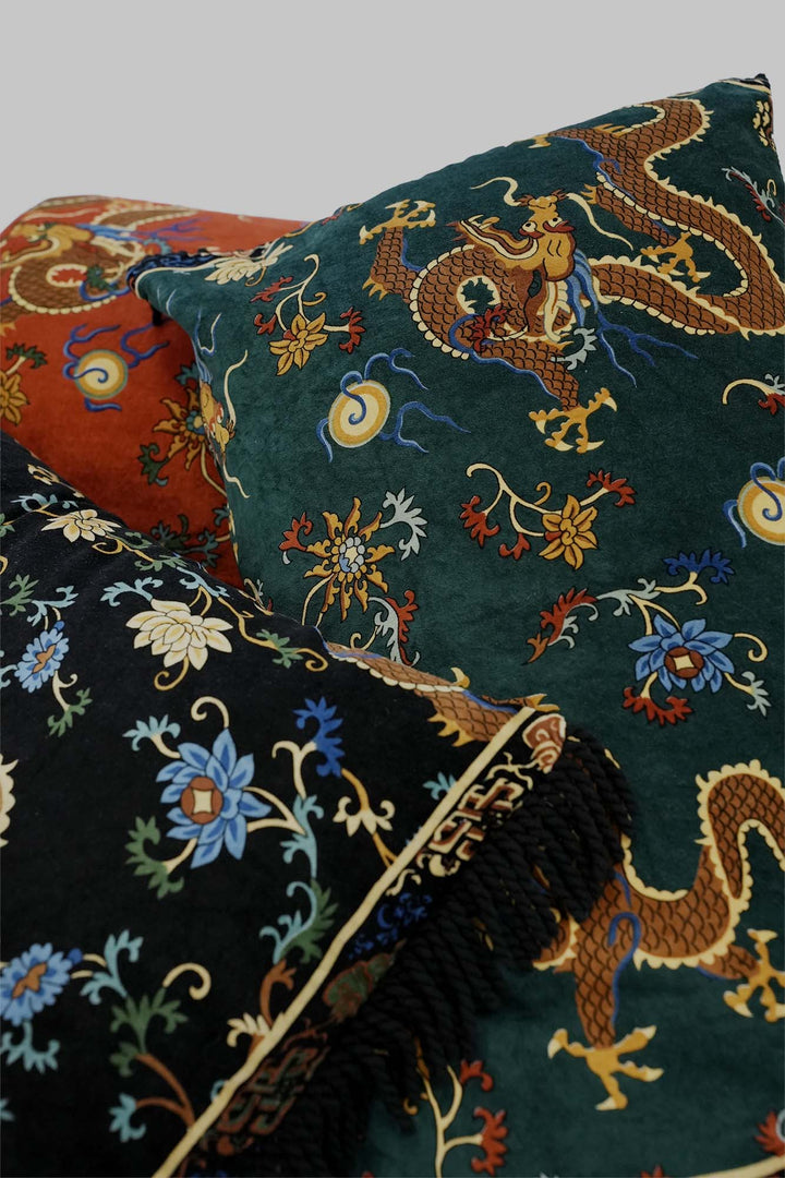 Dragon Black Rectangle Velvet Cushion