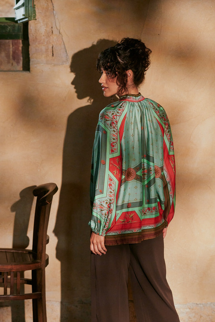 Fleur De Lys Aqua Pussybow Blouse