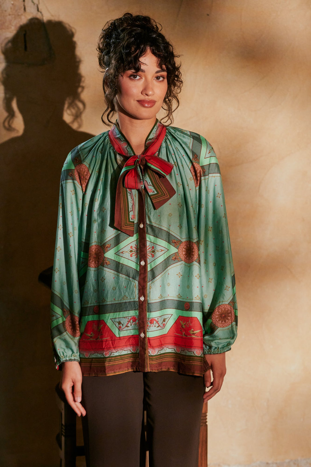 Fleur De Lys Aqua Pussybow Blouse
