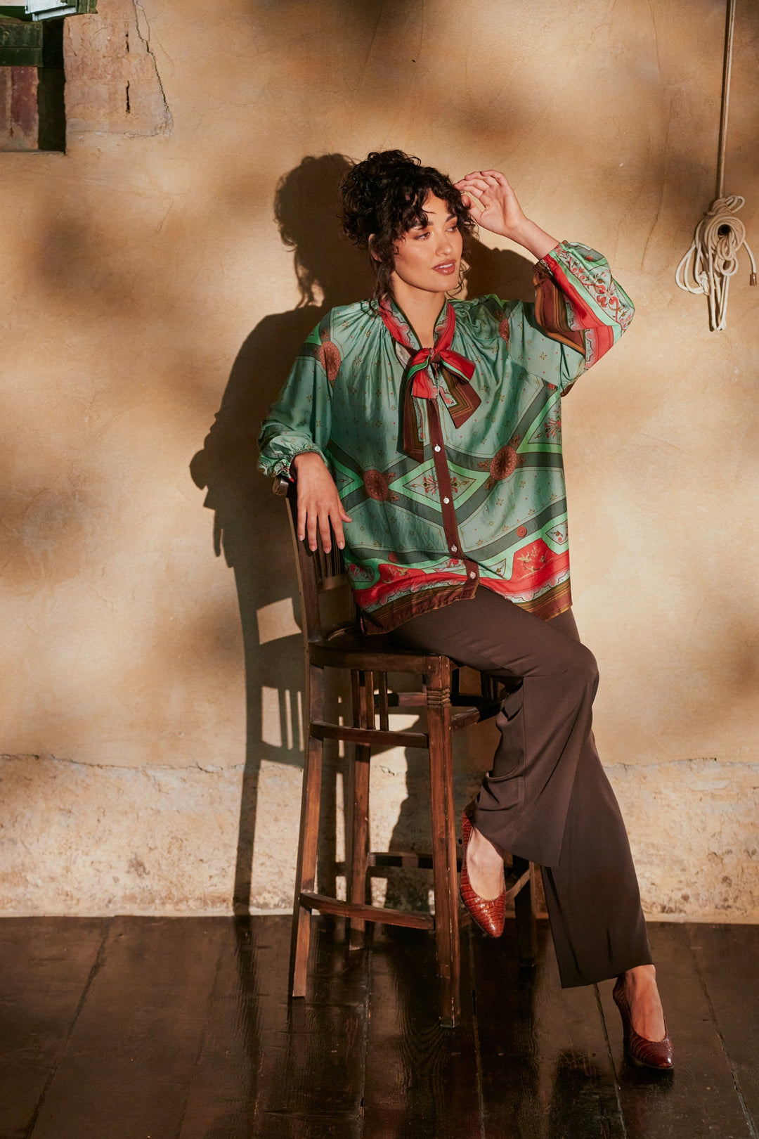 Fleur De Lys Aqua Pussybow Blouse