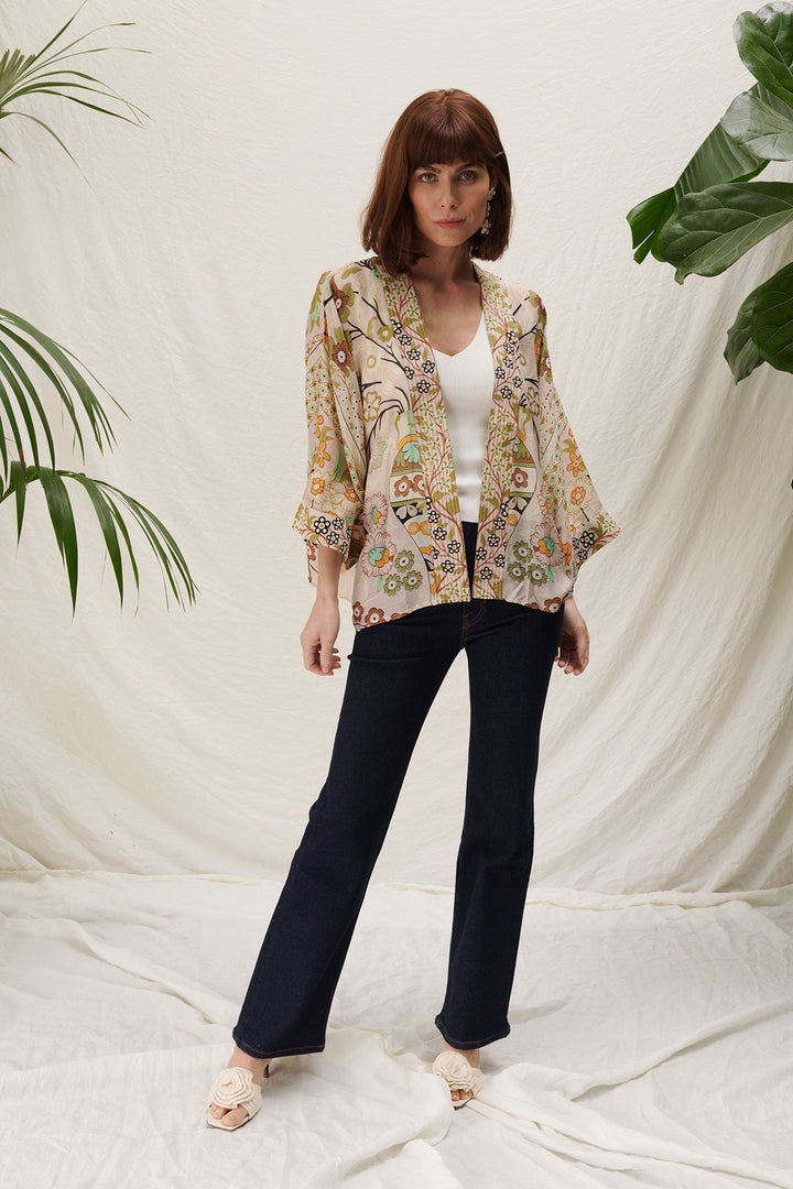 bohemian floral printed kimono in soft pink and green by one hundred stars 