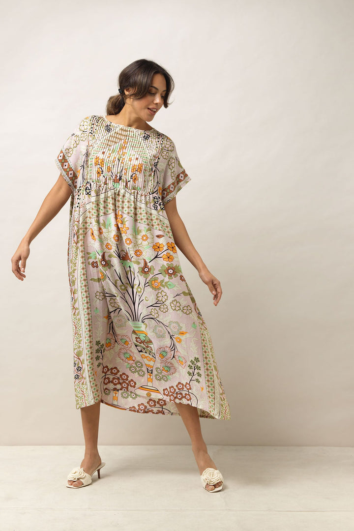 Women's short sleeve pleated dress in flower floral arch sage print by One Hundred Stars