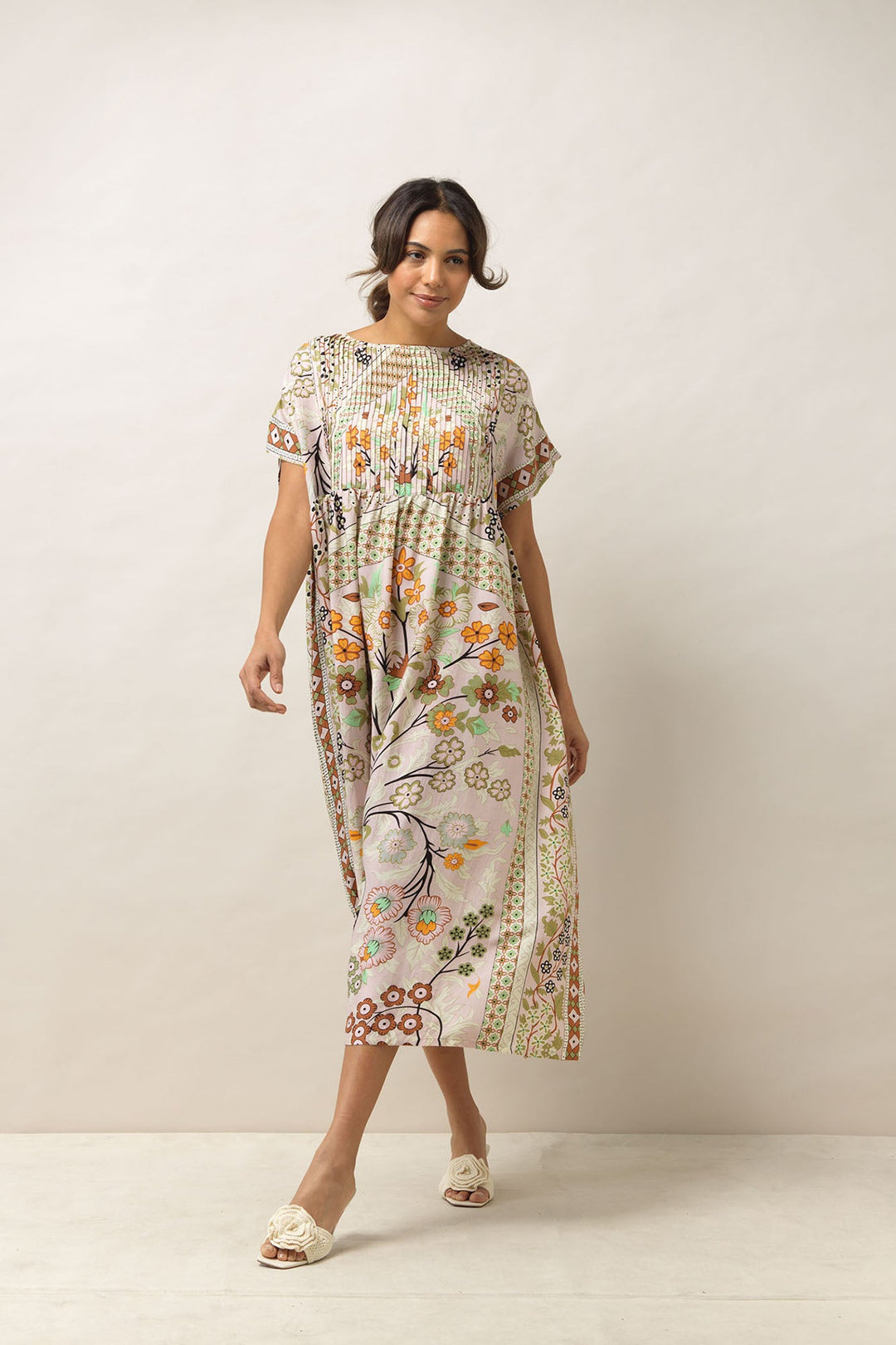 Women's short sleeve pleated dress in flower floral arch sage print by One Hundred Stars