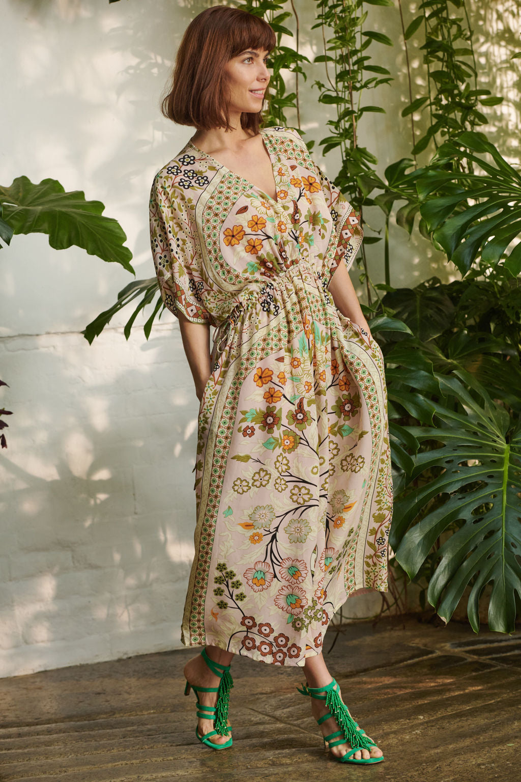 bohemian pink green and brown floral printed dress by one hundred stars 