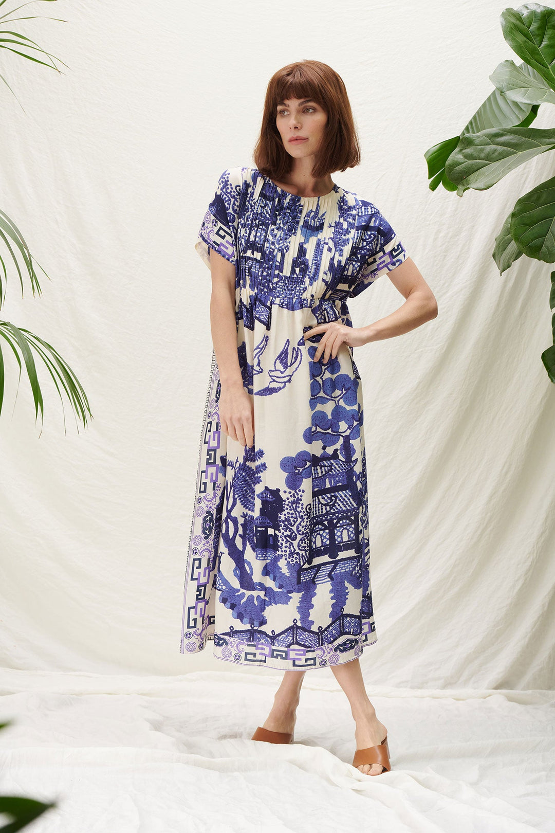 wedding guest blue and white pleated smock midi dress by one hundred stars