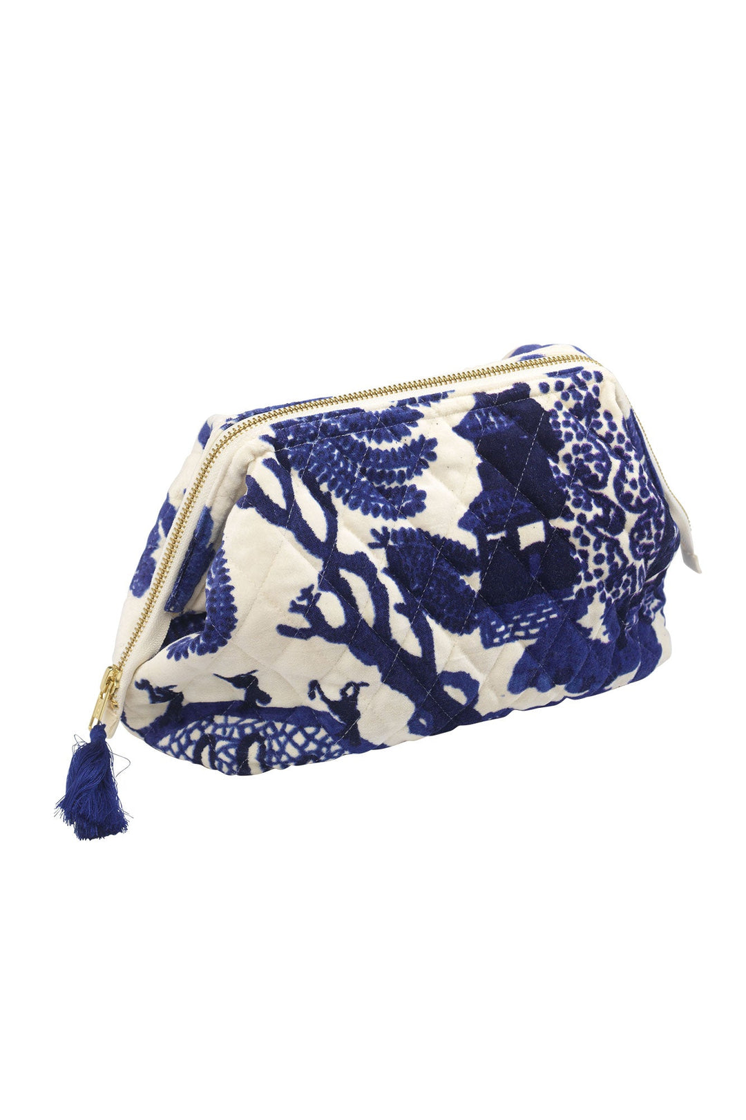 Women's accessories, gifts for her. Velvet make-up clutch bag in blue and white giant willow print by One Hundred Stars
