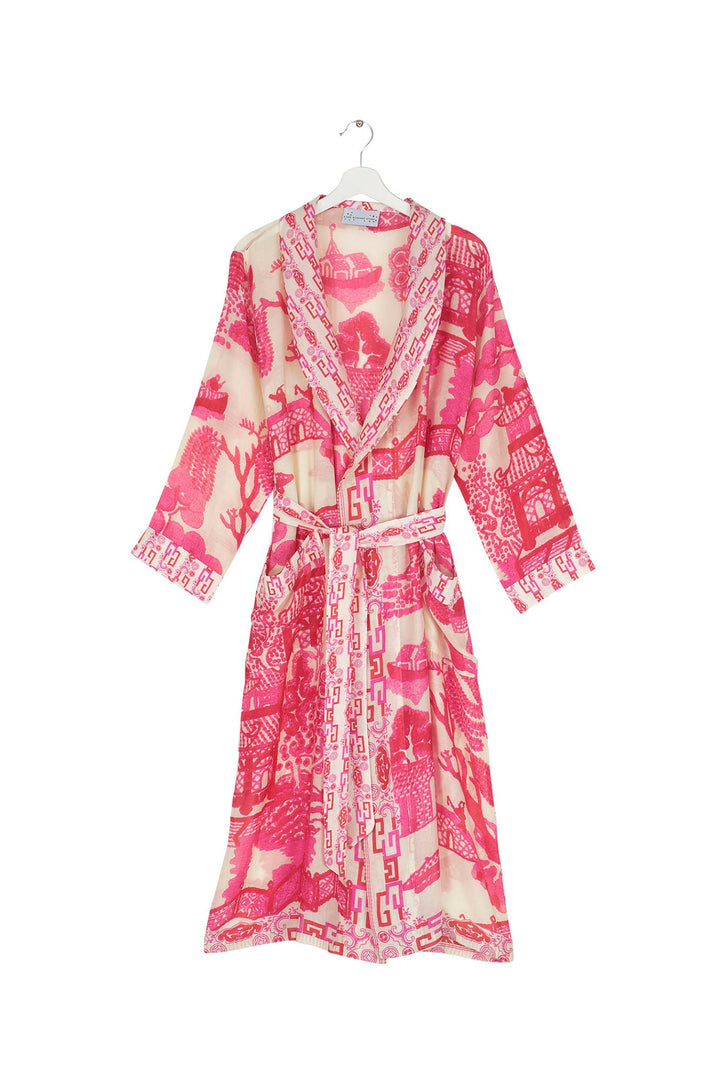 Women's loungewear lightweight gown in pink and white giant willow print by One Hundred Stars