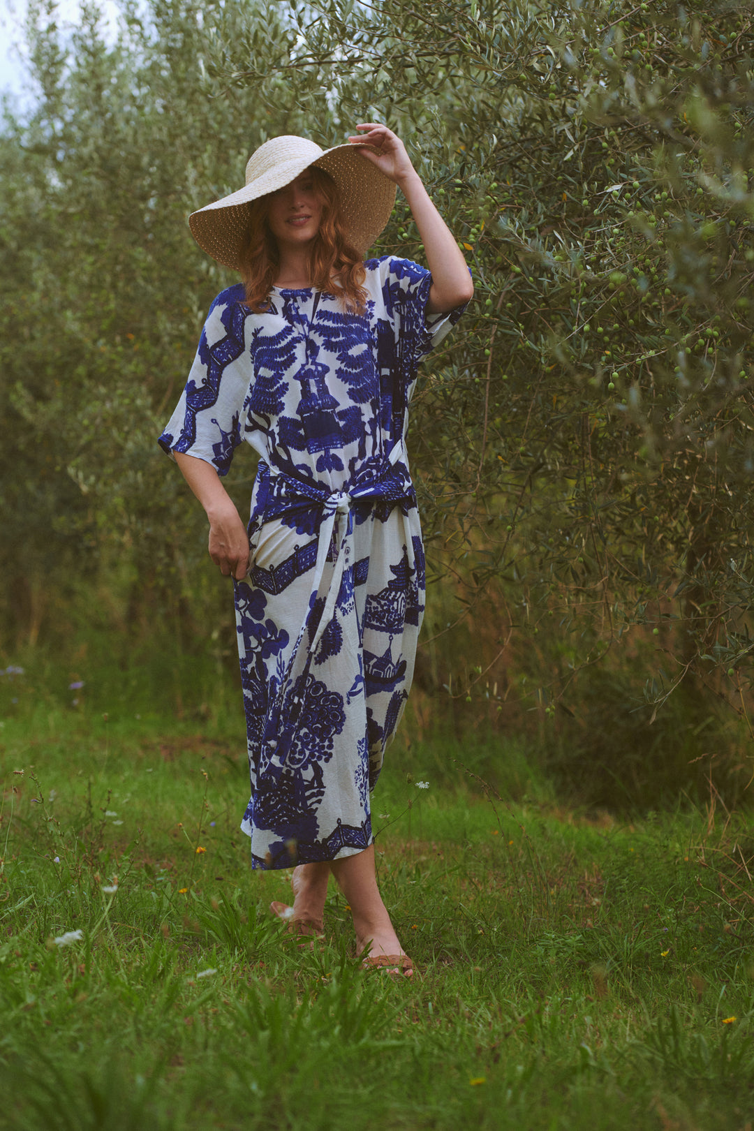 blue willow print dress Giant Willow Blue Obi Dress
