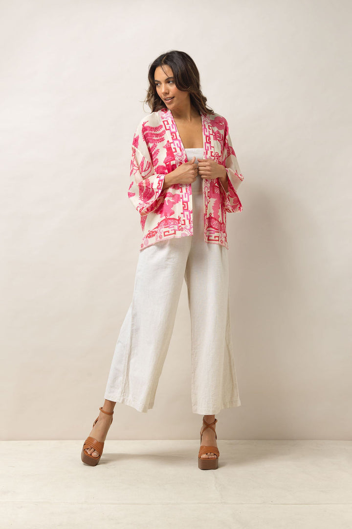 Women's short kimono in pink and white giant willow print by One Hundred Stars