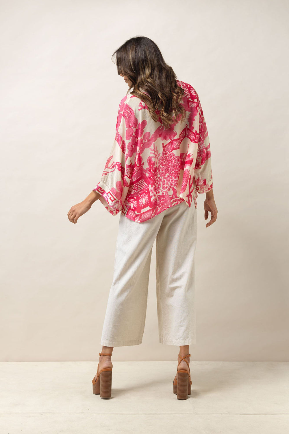 Women's short kimono in pink and white giant willow print by One Hundred Stars