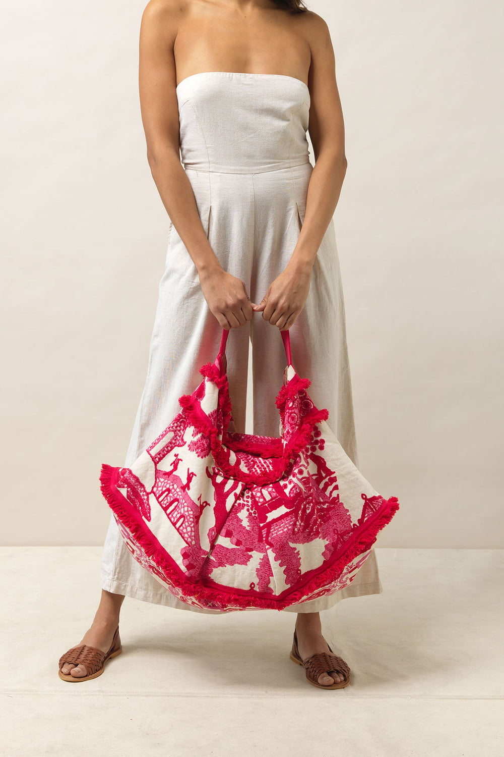 Women's accessories, gifts for her. sustainable Day to day bag in pink and white giant willow print by One Hundred Stars