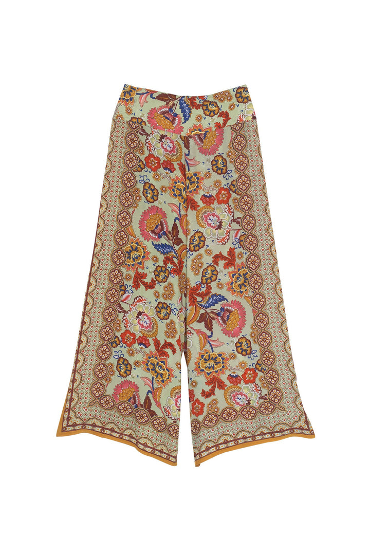 Women's palazzo trouser pants in taupe with Indian flower floral print by One Hundred Stars 
