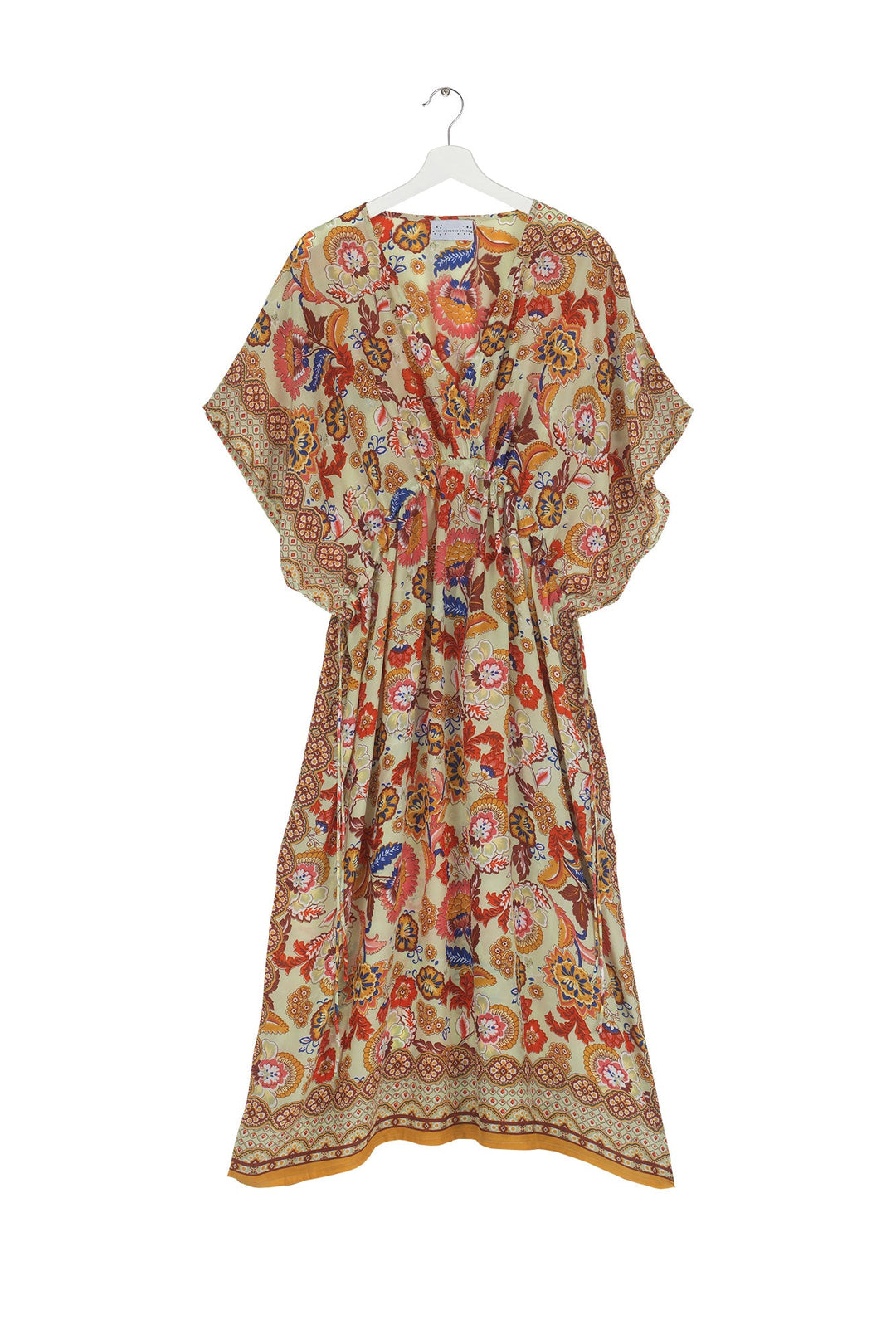 Women's lightweight beach cover up dress with tie waist  in taupe with Indian flower floral print by One Hundred Stars 
