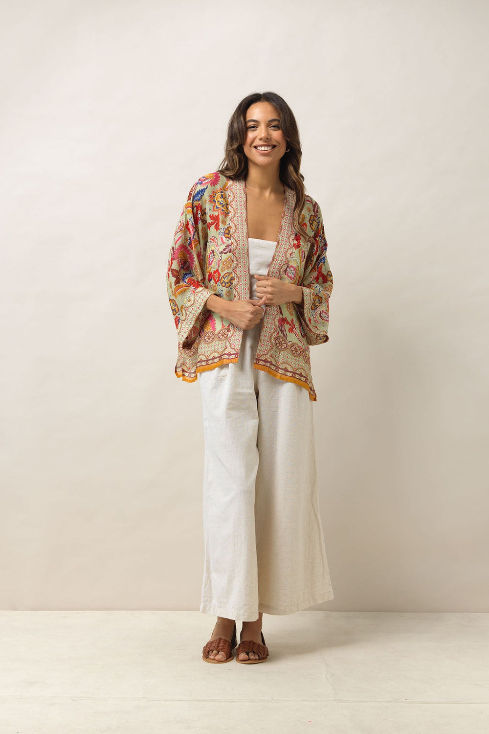 Women's short kimono in taupe with Indian flower floral print by One Hundred Stars