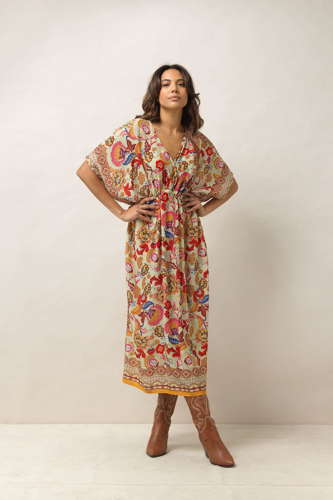 Women's lightweight beach cover up dress with tie waist in taupe with Indian flower floral print by One Hundred Stars