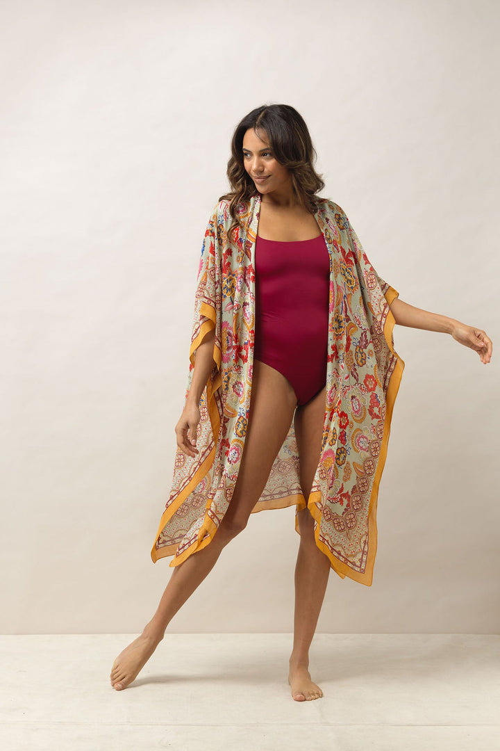 Women's lightweight throwover shawl in taupe with Indian flower floral print by One Hundred Stars